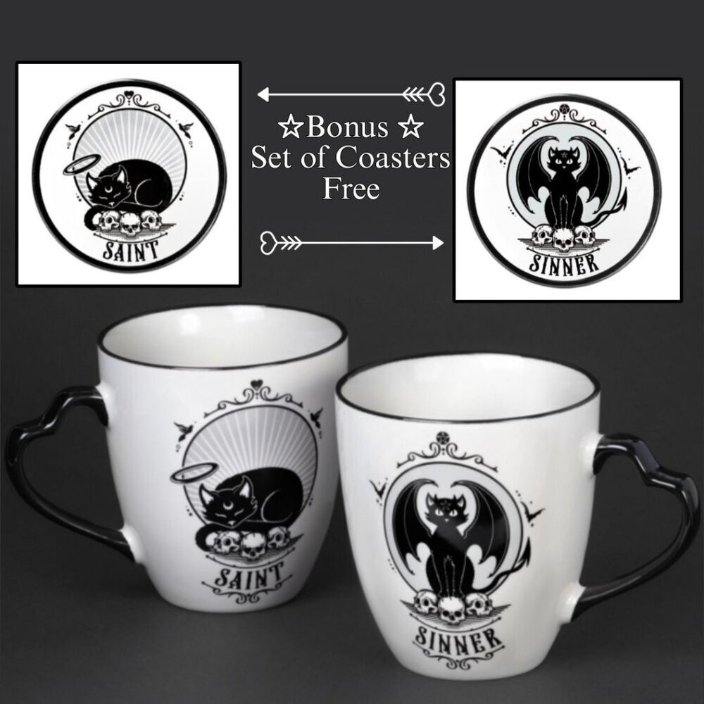 Alchemy Gothic ✦ Saint & Sinner Mug Set ✦ Bone China w/ Coasters Gothic Ritual